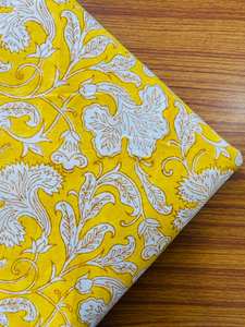 Hot Selling Luxury Indian Floral Hand Block Printed 100% Cotton Fabric Saffron Yellow and White for Women's Clothing Curtains - Product Image 3