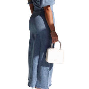 2025 manga corta cintura alta botón lado a línea mangas largas abullonadas sólido largo Denim camisa vestidos mujeres Denim camisa vestidos - Product Image 3