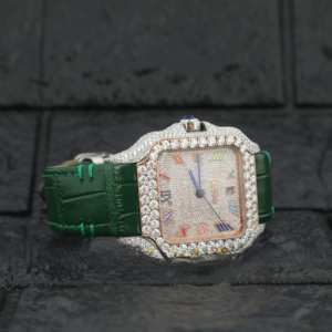 Demi Iced Out Luxueux Moissanite Diamant Clouté Montre Bracelet En Cuir Vert Roamn Chiffre Cadran Date Fonction pour Hommes et Femmes - Product Image 2