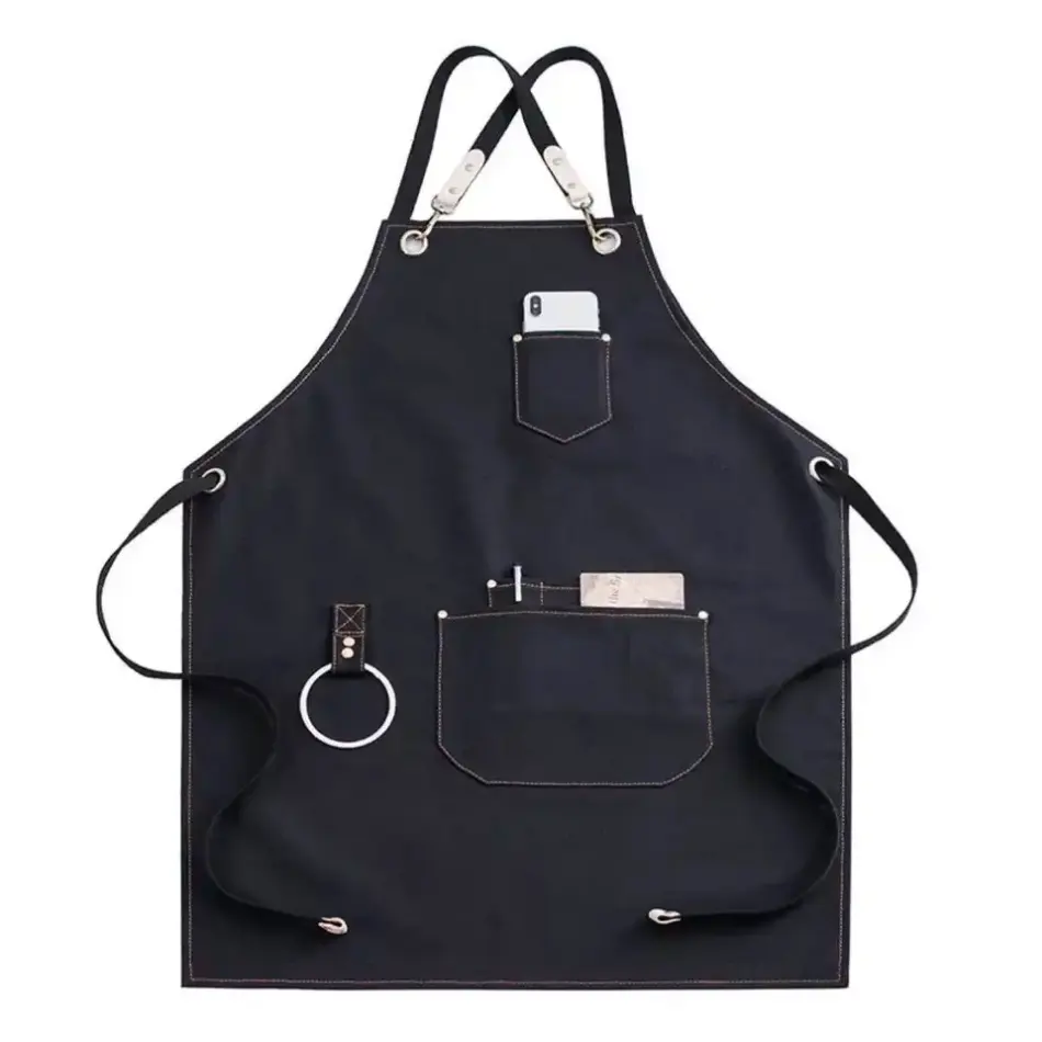 Custom Polyester Cotton Canvas barber Bib Chef Kitchen Cooking Baking Cafe Home Garden BBQ Leather Aprons with tool pockets