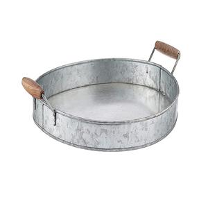 Galvanized <b>Snacks</b> <b>Tray</b> With Wooden Handles Highest Quality Round Shape Serving <b>Tray</b> At Reasonable Prices - Product Image 1