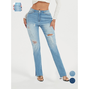 Paola Riboni Jeans de mezclilla rasgados para mujer, cintura alta, corte ajustado, lavado claro, longitud completa con detalle de abertura - Product Image 1