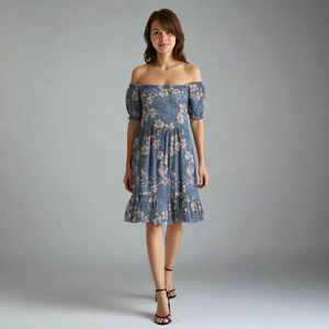 Floral Boho High Street <b>Mini</b> Dress Off-Shoulder Flared Design Elegant Casual Ladies XS Elastic Waist Trendy Dress - Product Image 1