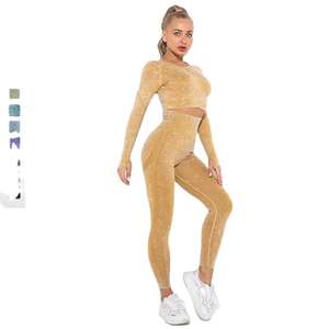 Ropa de gimnasio sin costuras para mujer de la mejor calidad, Top deportivo de manga larga, mallas para glúteos, mallas delanteras transpirables, patrón sólido sostenible - Product Image 2