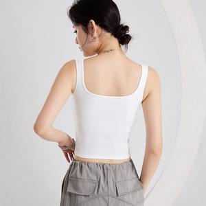 Women's Retro Short-Knit Tank <b>Top</b> Square Neck <b>with</b> <b>Built</b>-<b>In</b> <b>Bra</b> Padded Modal Summer Sun-protective Beauty Vest - Product Image 3
