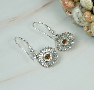 Boucle d'oreille à crochet de style tournesol en ambre baltique naturel en argent sterling massif 925 - Product Image 3