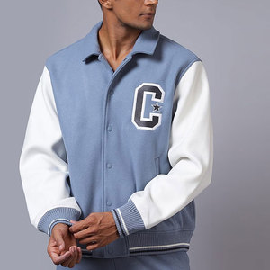 <b>Men's</b> Light Blue Varsity <b>Jacket</b> with <b>White</b> Sleeves Embroidered C Logo Preppy Style Regular Fit Winter Cartoon Pattern Reversible - Product Image 5