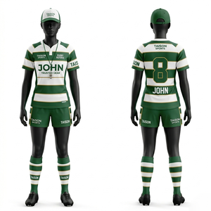 Camiseta de árbitro de rugby para mujer, 180 GSM, tejido de poliéster premium, rayas verdes y blancas, absorción de humedad, logotipo personalizado con transferencia térmica. - Product Image 1