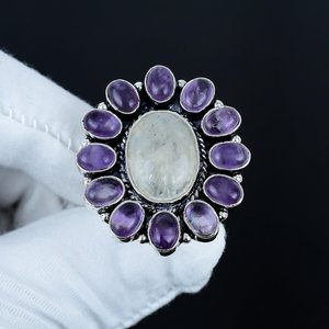 Natural Moonstone and Amethyst Gemstone Ring Handmade 925 Sterling Silver Rhodium Plated Luxury Vintage Jewelry Wedding Gift - Product Image 3
