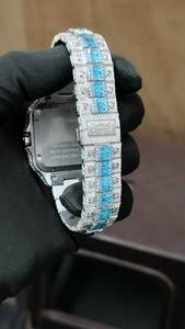 Reloj de Lujo Cuadrado con Incrustaciones de Diamantes de Imitación Azules VVS en Acero Inoxidable |   Reloj de Pulsera de Cuarzo con Alarma, Estilo Hip Hop - Product Image 3