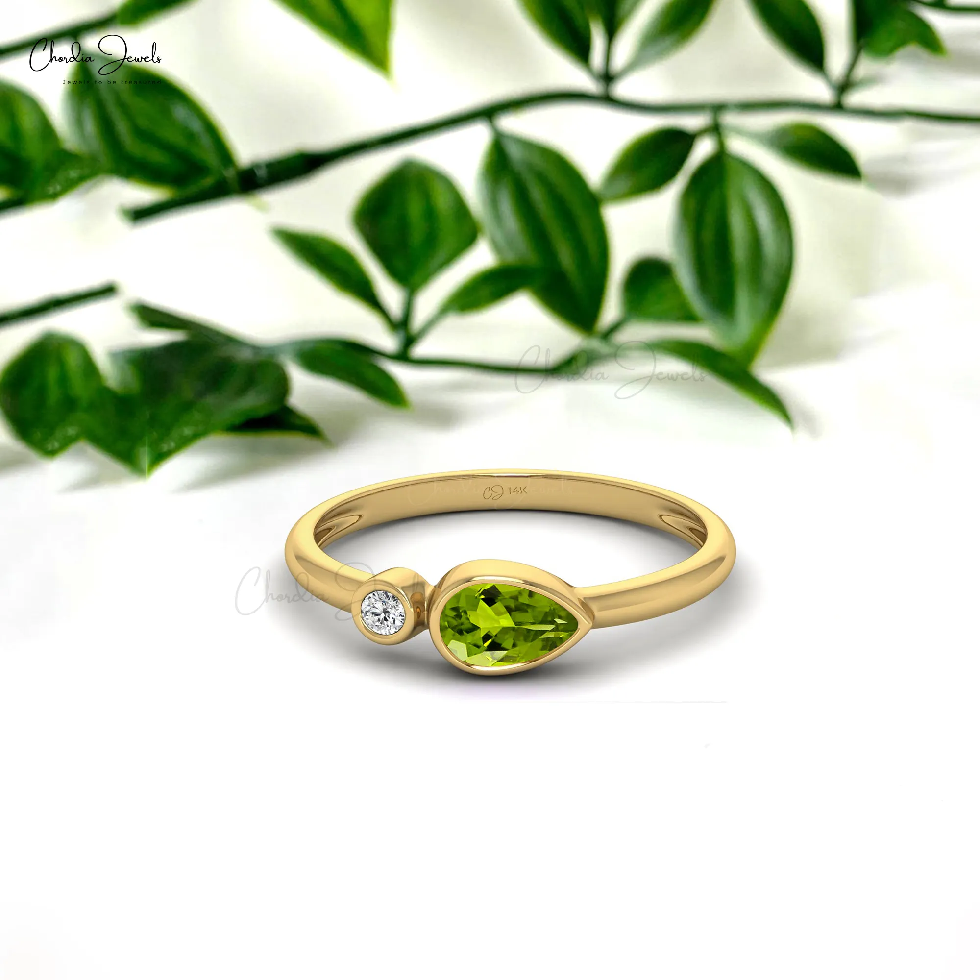 Hecho a mano 14K oro Real Natural 6X4mm peridoto y bisel de diamante conjunto Delicado anillo de banda de piedra única descuento en joyería fina