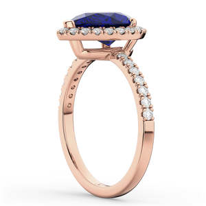 Anillo de Compromiso Romántico de Oro Rosa de 14K con Zafiro Azul Halo de 3.01ct, Corte Esmeralda Princesa, Diamantes con Certificación IGI, Chapado en Rodio - Product Image 1