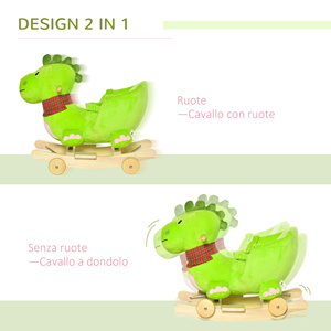 HOMCOM-Cheval à bascule avec roues, cheval à bascule en forme de dragon pour enfants de 18 à 36 mois, en bois et peluche vert - Product Image 4