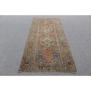 Turkish Vintage Patchwork Area Rug 3.7x8.2 ft <b>Brown</b> <b>Wool</b> Eco-Friendly Latex Backed Rug - Product Image 1