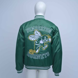 Blousons universitaires en satin à manches longues 100 % coton, coupe oversize, coupe-vent, en toile, à bouton unique, style streetwear personnalisé, avec col montant sur le devant - Product Image 2