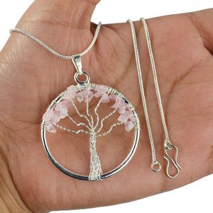 Vente chaude sur Soha Agate fait à la main naturel quartz rose arbre de vie pendentif fil enveloppé collier en cristal de guérison pour bijoux - Product Image 2