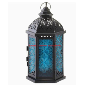 Moroccan Style <b>Blue</b> Glass Metal Lantern Candle <b>Holder</b> For Decorative Hexagon Hanging & <b>Tea</b> <b>Light</b> Lantern For Indoor Outdoor Use - Product Image 1