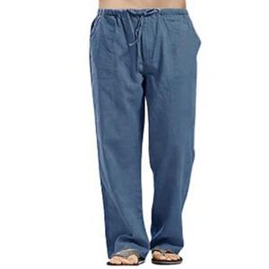 Pantalon décontracté pour homme en coton et lin, couleur unie, léger, ample, droit, multi-poches, style cargo, taille mi-haute, devant plat - Product Image 4