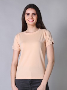 Camiseta básica de media manga con cuello redondo estirable de primera calidad para mujer-Peach Canvas ODM Summer Supply - Product Image 2