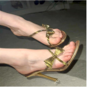 Retro golden bow <b>flip</b>-<b>flops</b> for <b>women</b> summer outerwear high-end style cross strap thin heel cool sandals - Product Image 5