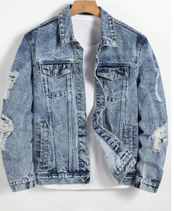 Chaqueta de Invierno de Mezclilla de Algodón Transpirable Informal Elegante para Hombre, Azul Claro, Desgarrada, con Bolsillo de Solapa, Cuello Camisero, Cierre de Cremallera, Estilo Vintage - Product Image 1