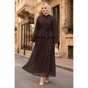 Lady's Coffee Chiffon 2-Piece Outfit Ruffled <b>Skirt</b> Polka Dot Blouse Loose Fit Short Length Tops Cropped XL for Spring/Summer - Product Image 1