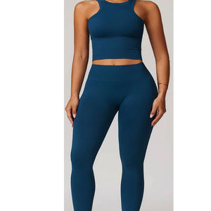 Ensemble de yoga à carreaux grande taille, vêtements d'entraînement doux pour une mobilité décontractée et une pratique fluide, tenue de yoga légère en 2 pièces, logo sur le devant - Product Image 2