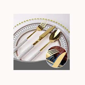 Juego de cubiertos de acero inoxidable con mango recubierto de gemas pequeñas blancas redondas largas, juego de cucharas de cuchillo y tenedor de diseñador - Product Image 1