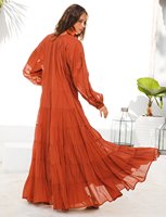 Robe longue femme style bohème doux, unie, lavable, écologique, respirante, à manches cloche, boutonnée, coupe droite, 100% coton naturel