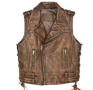 Gilet en cuir marron vintage unisexe, personnalisable, respirant, col en V, vêtements d'extérieur sans manches, tissu polyester original, fermeture éclair, hiver - Product Image 1