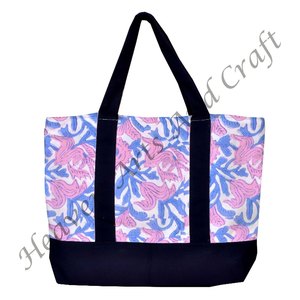 Sac fourre-tout en coton écologique avec poignée noire, imprimé à la main, base naturelle, indigo floral, sac à la mode pour femmes - Product Image 2