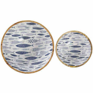 ชุดชามไม้ทำด้วยมือพร้อมลวดลายปลาสีฟ้าภายนอกและทาสีภายในให้สิ่งแวดล้อม - Product Image 1