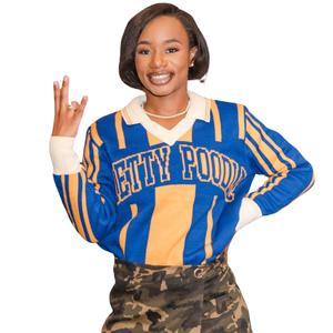 Pull d'hiver Sigma Gamma Rho SGRho pour femme, bleu et or, lettres grecques, tricoté, manches longues, coupe classique, confortable, 100 % acrylique - Product Image 2