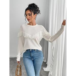Pull en tricot floral pour femme avec col rond en dentelle à volants, manches longues, décontracté, anti-boulochage - Product Image 3
