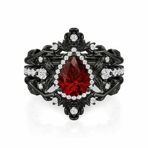 Anillo de Compromiso Jeulia Gótico Negro con Corte de Pera y Diseño Floral - Product Image 1