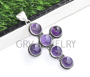 Vente en gros de pendentif croix en argent sterling 925 fait à la main pierre précieuse améthyste naturelle Design ethnique pour fiançailles de mariage - Product Image 6