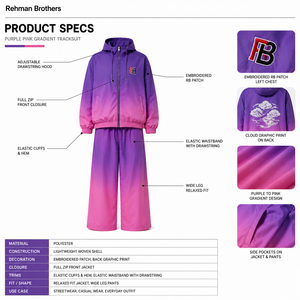 Purple Pink Gradient Tracksuit Set Full <b>Zip</b> <b>Hooded</b> Windbreaker Wide Leg Pants Streetwear Unisex Adult Lightweight Polyester Made - Product Image 5