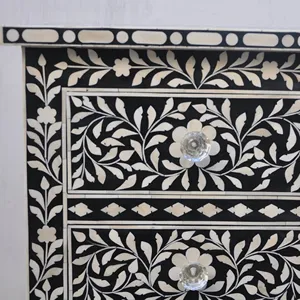 인도 수제 뼈 상감 나무 현대 꽃 패턴 6 서랍 가구 서랍 테이블의 가슴