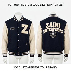 Chaqueta Varsity Premium de 420 GSM con mezcla de lana, mangas de cuero PU, color negro y crema, con parche de logotipo bordado en chenilla personalizado. - Product Image 5