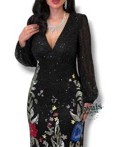 Elegante Vestido Largo con Escote en V, Silueta Recta, Cintura Imperio, Bordado con Lentejuelas Color Durazno, Paneles con Cristales y Diamantes - Product Image 6