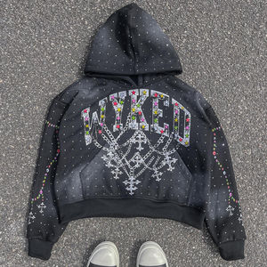 Ensemble sweat à capuche et pantalon de survêtement 100 % coton, style streetwear personnalisé, délavé à l'acide, orné de strass et brodé, avec fermeture éclair - Product Image 1