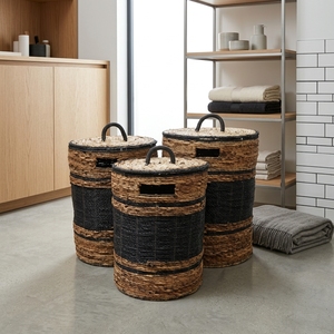 Natural Banana Bark Recycled <b>Plastic</b> <b>Basket</b> Set Black Stripe Laundry Hamper With Lid Clothes Bin Setup Pure Art Room Decor Craft - Product Image 6