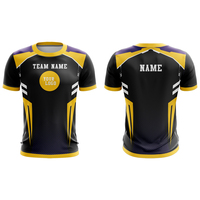 Jersey Sepak Bola Sublimasi Custom Print Pria Hitam Kuning Nama Tim Logo Depan Menyerap Keringat Bernapas Lengan Pendek Atletik
