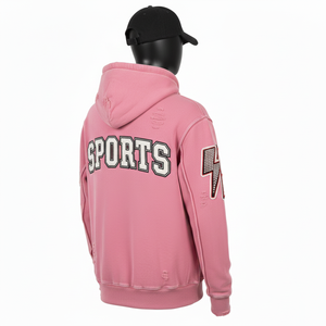 Premium <b>Pink</b> Fleece Zipper <b>Hoodie</b> with Embroidered Custom Sports Logo Panels Distressed Style Comfortable Basics Zipper <b>Hoodie</b> - Product Image 4