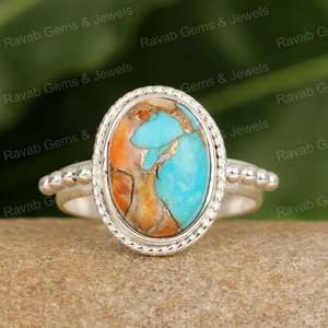 Handmade 925 Sterling Silver Women's Wedding <b>Ring</b> New Arrival 10x14mm Oval Shape Spiny Oyster <b>Turquoise</b> Fine Jewelry - Product Image 3