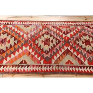 Vintage Kilim <b>Runner</b> Rug 3x9.5 ft (92x291 cm), Turkish <b>Red</b> Solid Wool Rug - Product Image 3