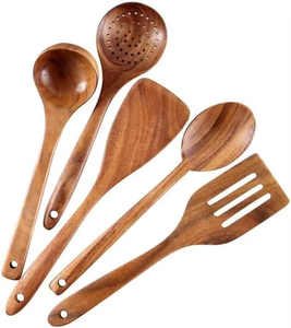 Juego de utensilios de cocina de madera de teca natural con soporte. Utensilios de Cocina de Madera Antiadherentes, Juego Duradero para Cocinar en Grandes Cantidades - Product Image 2