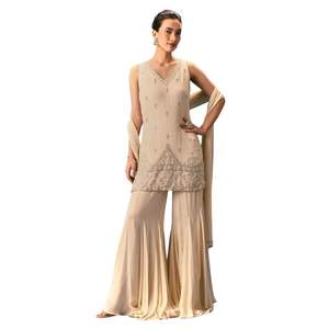 Juego de Kurta Sharara bordado a mano OffWhite con Dupatta para recepción de bodas nupciales, ropa festiva para ocasiones de fiesta - Product Image 6