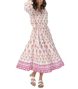 Vestidos Midi de Talla Grande para Mujer con Estampado Artesanal, Cuello Alto con Volantes, Manga Raglán con Puño Elástico - Product Image 1