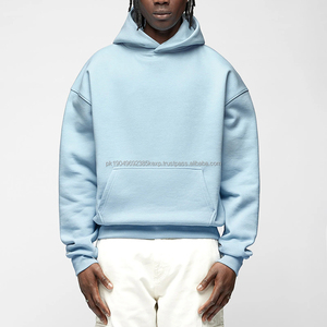 Sweat-shirts à capuche sans cordon de serrage en molleton de coton épais de haute qualité, bleu foncé, streetwear, uni, surdimensionné, en gros, Royaume-Uni - Product Image 4